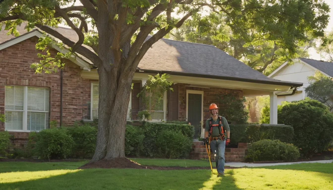 A tree removal provider working on a large backyard tree in San Antonio