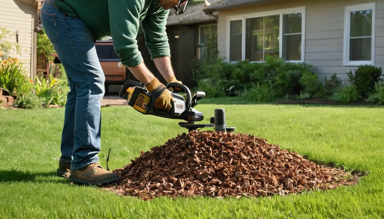 Provider grinding an old tree stump in a San Antonio backyard with wood chips flying